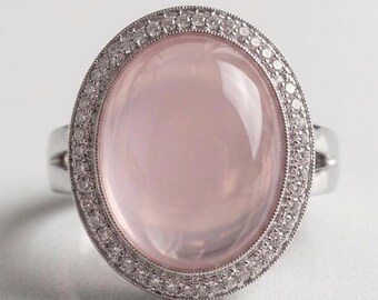 Oval Rose Quartz Ring, Sterling Silver Halo Ring, Large Pink Gemstone Statement Ring, Delicate Filigree Pink Stone Jewelry, Gift for Her
