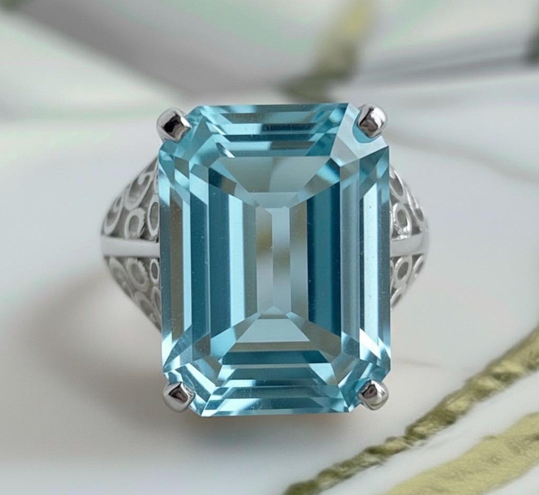 Large Emerald Cut Blue Topaz Ring, 925 Sterling Silver Cocktail Ring ...