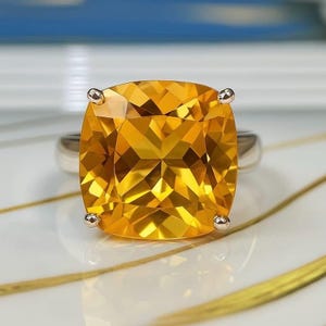 Natural Citrine Ring: Solid Silver Cushion Cut Gemstone