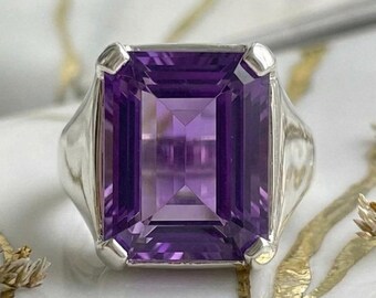 Anillo de amatista talla esmeralda en plata de ley, anillo llamativo con una gran piedra preciosa púrpura, joyería de piedra natal de febrero, anillo solitario rectangular.