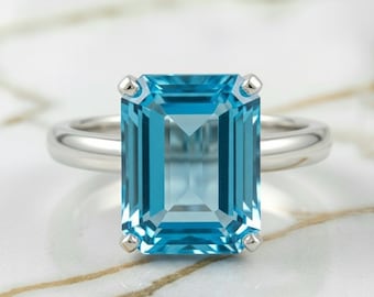 Emerald Cut Blue Topaz Solitaire Ring - Sterling Silver Modern Engagement or December Birthstone Gift for Her