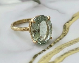 Oval Prasiolite Ring in Hammered Solid Silver Green Amethyst Engagement Ring, Green Gemstone Solitaire, Handmade Artisan Jewelry for Her