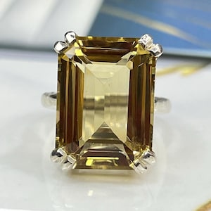 Large Natural Honey Citrine Ring Solid Silver 15X20 MM Emerald Cut Gemstone Women’s Ring