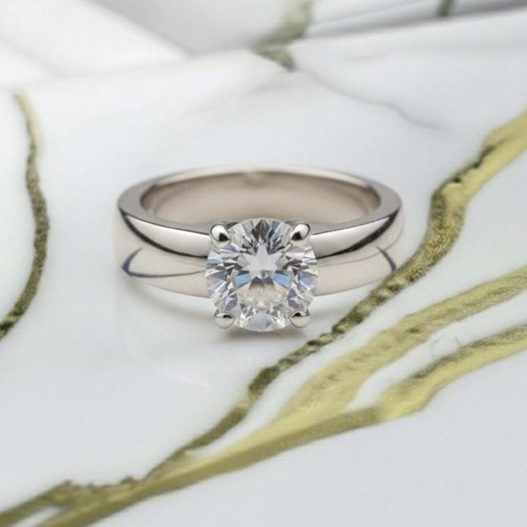 Classic Solitaire Ring | Elegant Wide Band Anniversary Gift | Round Cut ...