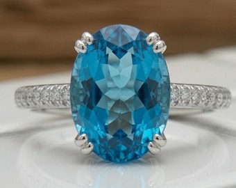 Oval Blue Topaz Ring, Sterling Silver Gemstone Ring, Vivid Blue Engagement Ring, Double Prongs Pave Statement Ring, December Birthstone Gift
