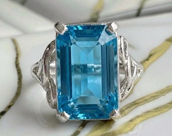 Large Emerald Cut Blue Topaz Ring in Sterling Silver, Vintage Style Filigree Statement Ring, Art Deco Blue Stone Ring, Gift for Her