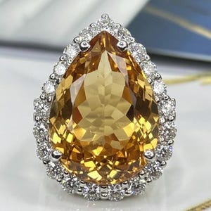 Pear Cut Citrine Ring: Solid Silver & Moissanite Halo