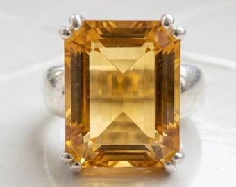 Vintage Citrine Statement Ring, Emerald Cut Yellow Gemstone Ring, Thick Sterling Silver Band, Bold Cocktail Ring for Women