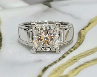 Princess Cut Engagement Ring, 3 Stone Moissanite Ring, Baguette Accents, Wide Band Wedding Ring, Geometric Art Deco Ring, Sterling Silver