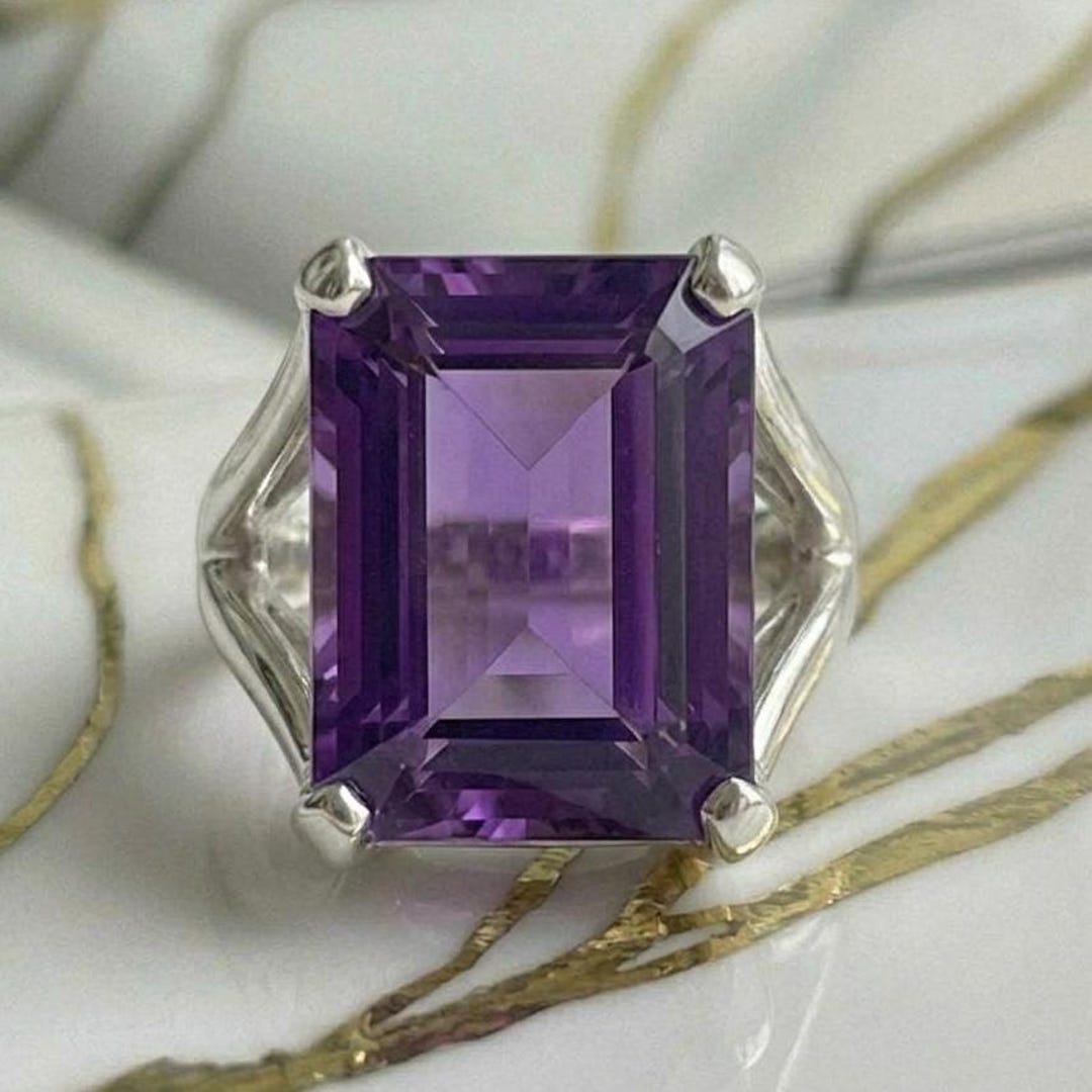 Large Emerald Cut Amethyst Statement Ring in Sterling Silver, Big ...