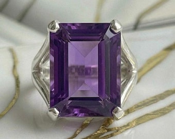 Großer Amethyst Smaragdschliff Ring in Sterling Silber, großer lila Edelstein Ring, mutiger geometrischer Schmuck, Februar Birthstone Geschenk