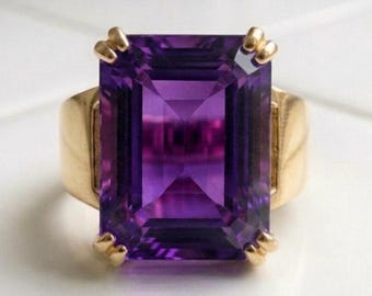 Anillo vintage de amatista talla esmeralda, anillo llamativo de plata chapado en oro de 14k, anillo de cóctel con piedras preciosas grandes para mujer, piedra natal de febrero llamativa