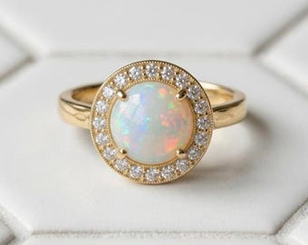 Vintage Solid Silver Natural Opal Engagement Ring, Round White Opal Ring with Moissanite Halo, Art Deco Bridal Ring, October Birthstone Gift