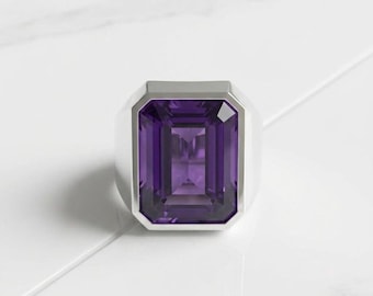 Emerald Cut Amethyst Ring, Large Purple Gemstone Signet Ring, Solid  Silver Ring for Men or Women, Minimalist Modern Jewelry