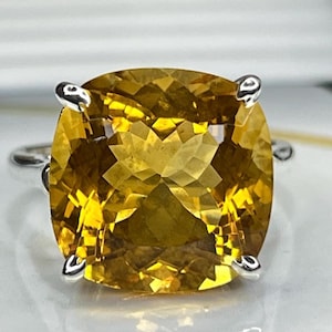 Large SizeNatural Citrine Ring Solid Silver 16X16 MM Cushion Cut Gemstone Women’s Ring