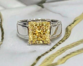 Anillo solitario de plata maciza con moissanita amarilla talla princesa - Anillo de compromiso de banda gruesa - Anillo moderno unisex de plata maciza con moissanita amarilla