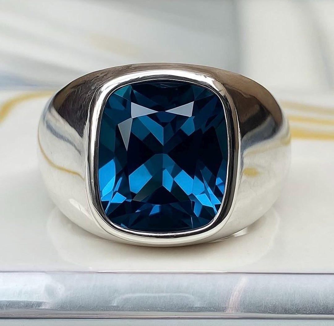 Heavy Solid Silver Men's Ring: Natural London Blue Topaz Cushion Cut - Etsy