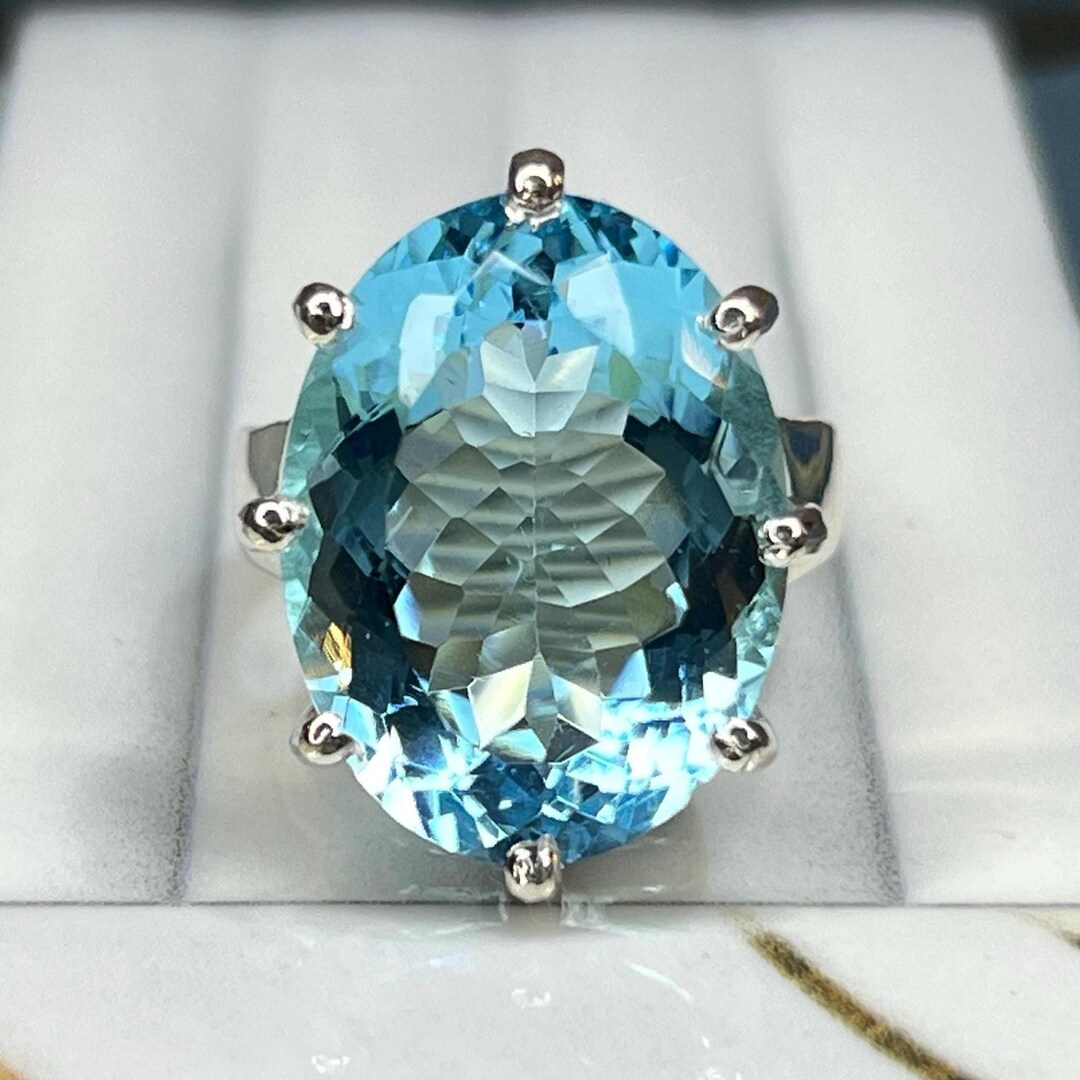 Real Blue Topaz Rings Large Natural Blue Topaz Ring Solid Silver 15X20MM Oval Cut Gemstone ...