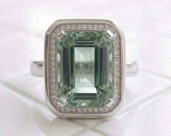 Smaragdgroene edelsteenring, mintgroene stenen statementring, grote rechthoekige cocktailring, zilveren ring voor haar