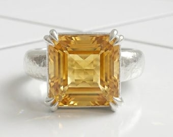 Square Citrine Ring, Silver Statement Ring, Large Yellow Gemstone Ring, November Birthstone Jewelry, Unique Double Prong Ring
