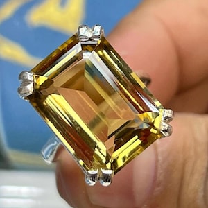 Large Natural Honey Citrine Ring Solid Silver 16X22 MM Emerald Cut Gemstone Women’s Ring