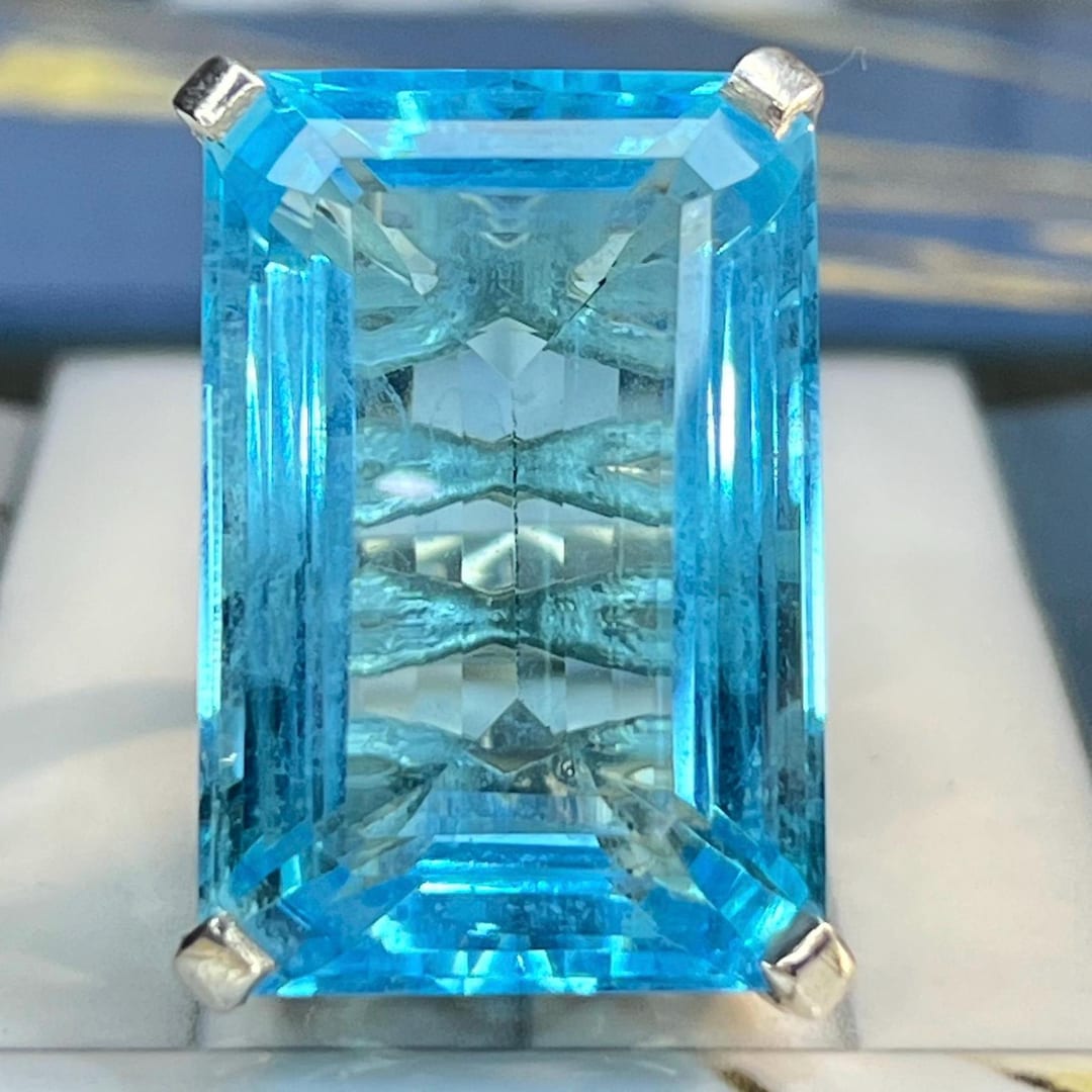 Real Blue Topaz Rings Natural Huge Blue Topaz Ring Solid Silver 20X30MM Octagon Cut Gemstone ...
