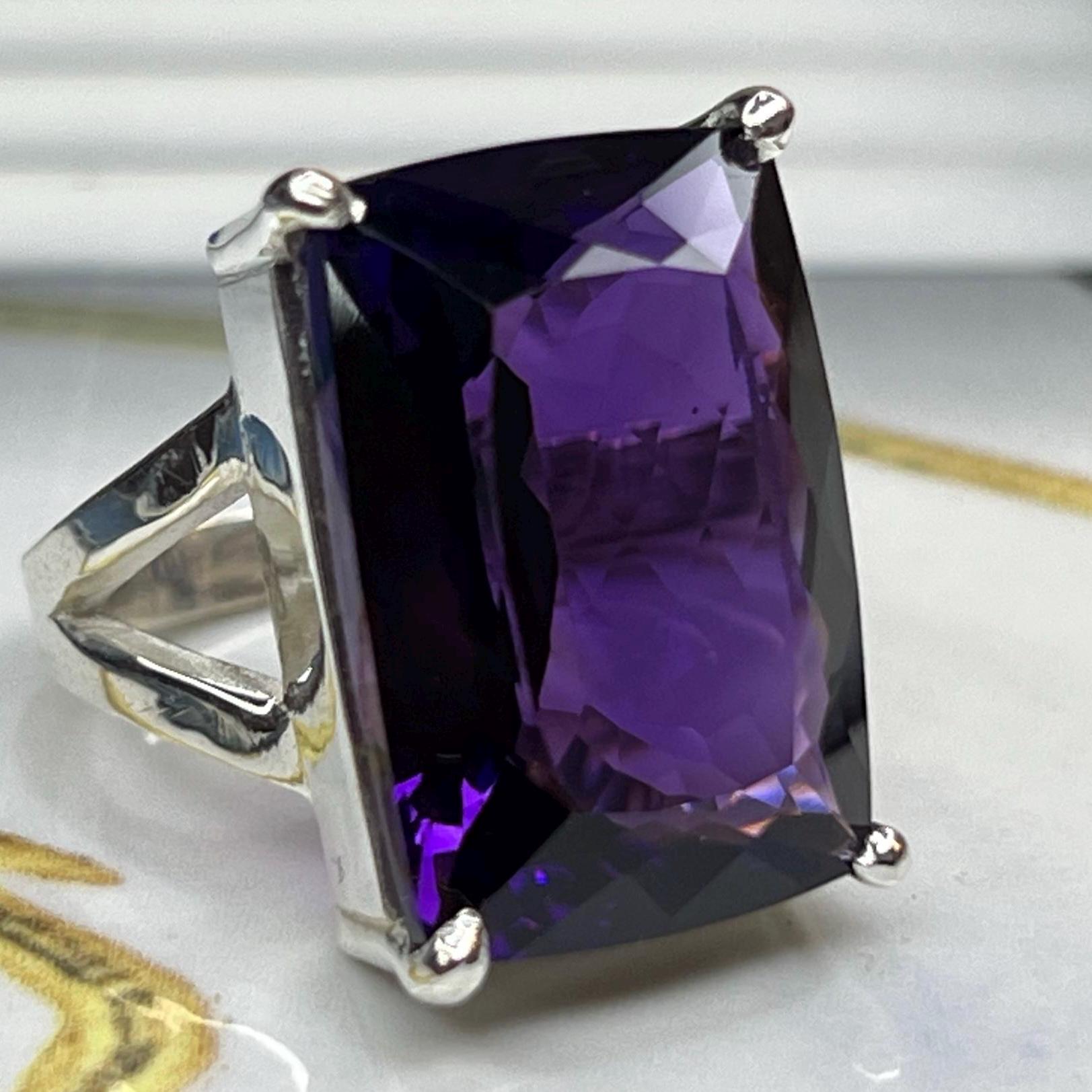 Large Cushion Cut Amethyst Ring: Solid Silver Women's Gemstone - Etsy