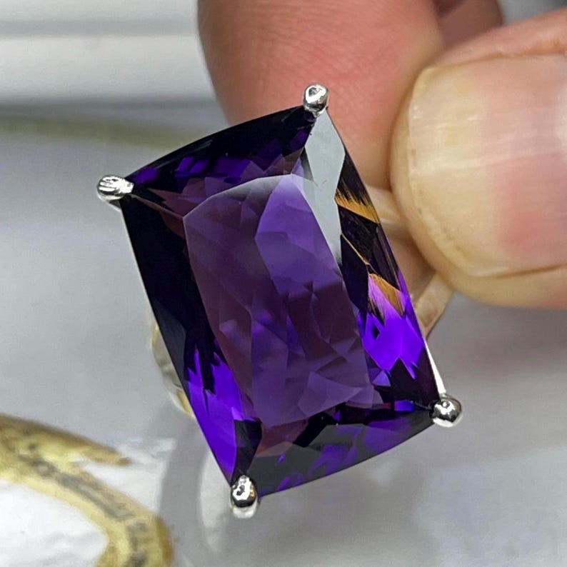 Large Cushion Cut Amethyst Ring: Solid Silver Women's Gemstone - Etsy