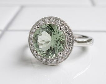 Anillo redondo de amatista verde, anillo con halo de prasiolita, anillo de plata de ley estilo vintage, anillo llamativo con piedras preciosas, regalo para ella.
