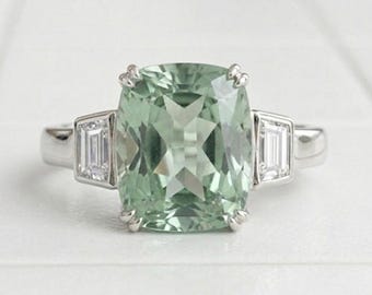 Cushion Cut Green Gemstone Engagement Ring, Mint Green Stone Ring, Trapezoid Side Stones, Art Deco Inspired Silver or Gold Ring