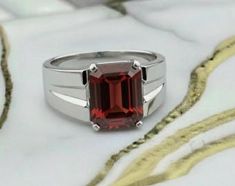Men's Emerald Cut Red Garnet Ring: Sterling Silver Wide Band