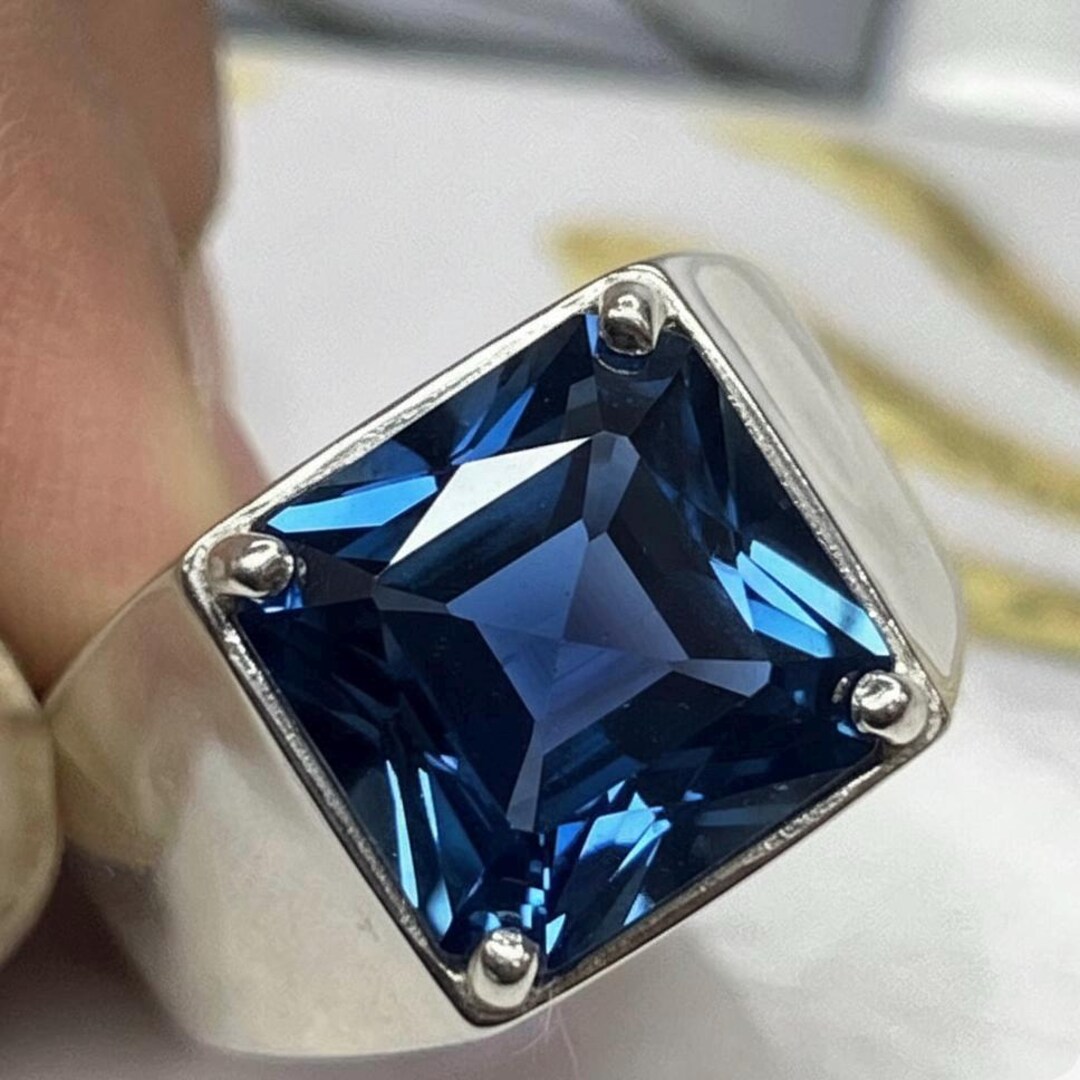 Heavy Solid Silver Men's Ring: 12mm Square London Blue Topaz - Etsy