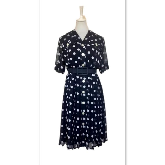 Vintage 80-er Plisseekleid Jobis Gürtel blau/weiß