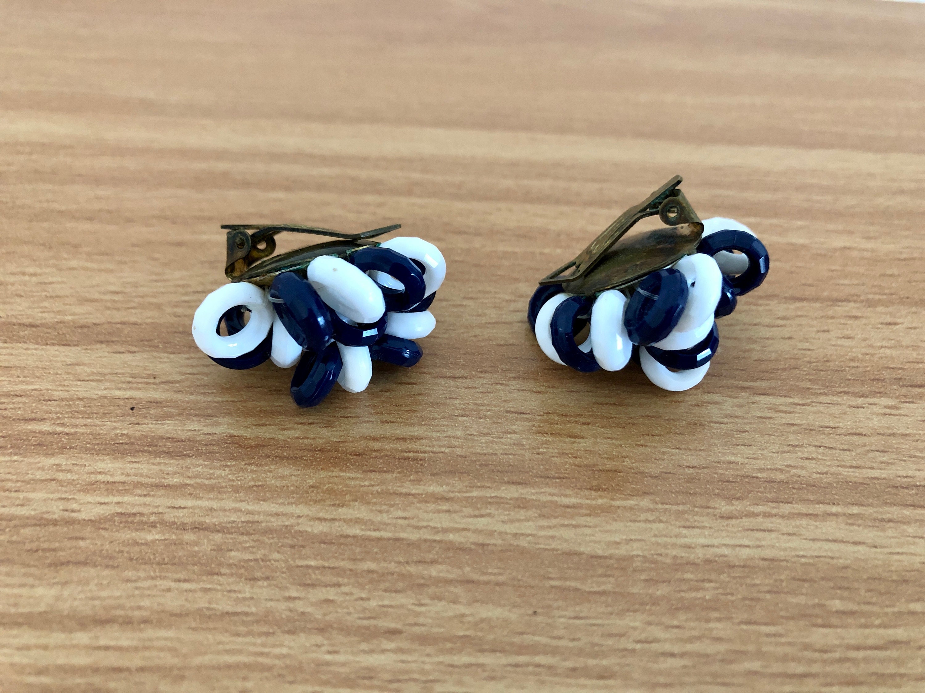 Boucles D'oreilles Clip Vintage Années 80 - Cristal/verre Bleu Et Blanc, Alliage, Style Rétro