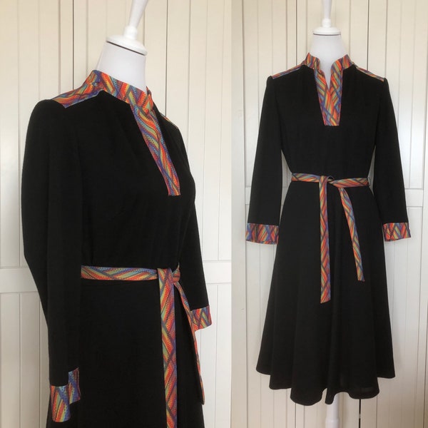 Vintage 70-er Jerseykleid schwarz/bunt