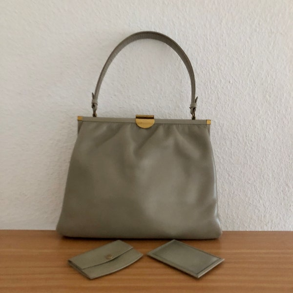 Vintage 50-60-er Henkeltasche Leder grau Spiegel Geldbeutel