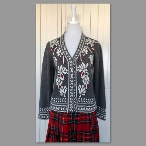 Kurt Kellermann wool cardigan with embroidery, grey, white, red, vintage