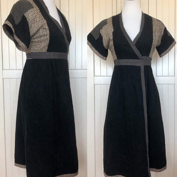 Vintage 70s corduroy dress cotton black/cream