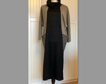 Winter dress, olive green/black, vintage 80s