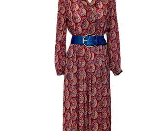 Abito plissettato vintage anni '80, cintura, rosso, blu, multicolore