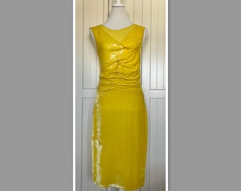 Designer Dress Nina Ricci Silk Velvet Sequins Yellow Vintage