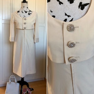 A magical cocktail dress/wedding dress/evening dress with pearls from the 60s, cream/beige, champagne, size S
