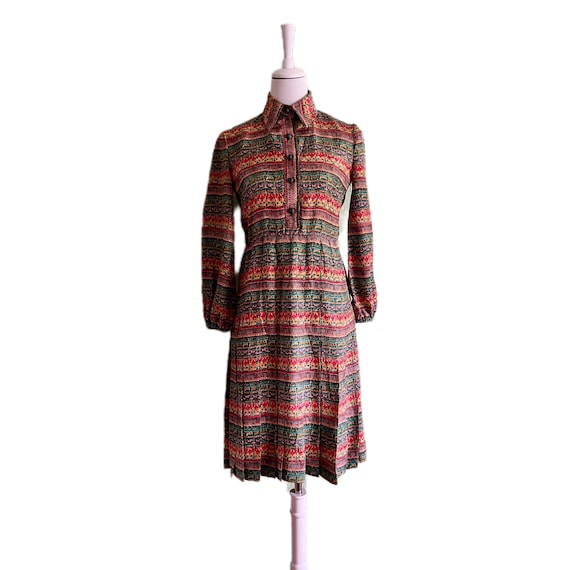 Designer Midikleid Louis Féraud Seide grün rot gelb Vintage 70er