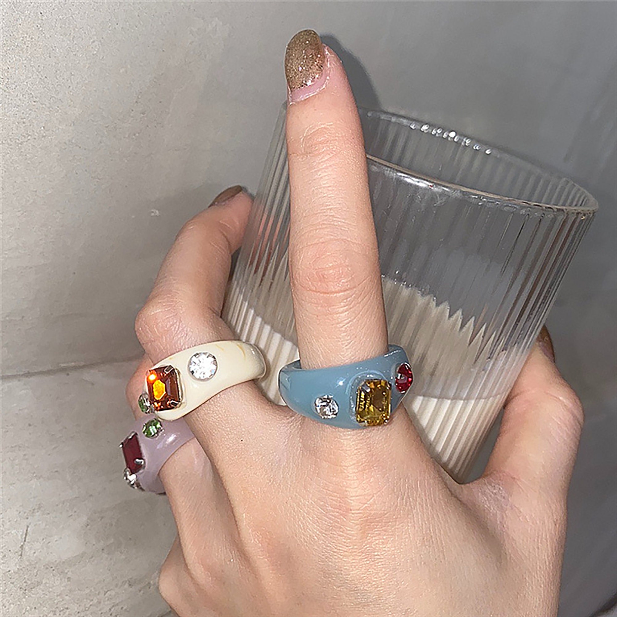 Chunky 90s Ring With Rhinestone Colorful CZ Ring Resin Ring Etsy