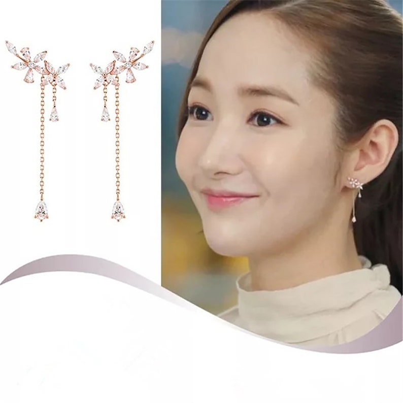Park Min-Young Flower Dangle Earring Dangle Earrings Korean Drama S925 What/'s Wrong With Secretary Kim Diamond Floral Statement Earring