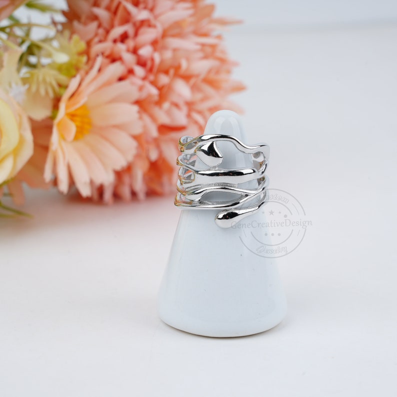 Silver Irregular Ring, Abstract Alien Squiggle Liquid Ring, Irregular Dripping Open Ring, Adjustable Ring, Minimalist Cool Ring, Unisex Ring image 6