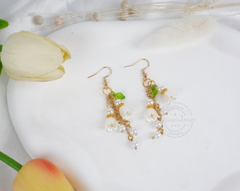 Lily of the Valley Earrings, Dainty Floral Dangle Earrings, Fairy Flower Earrings for Girls, Handmade Jewelry, Bridal Earrings, Gift for Her