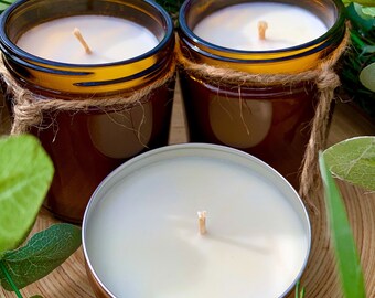 Good JuJu Soy Candle - 100% Soy Wax - Hand-poured - Eucalyptus + Lemongrass Scented - 6 oz + 8 oz - Amber Glass Jar + Gold Tin Candles