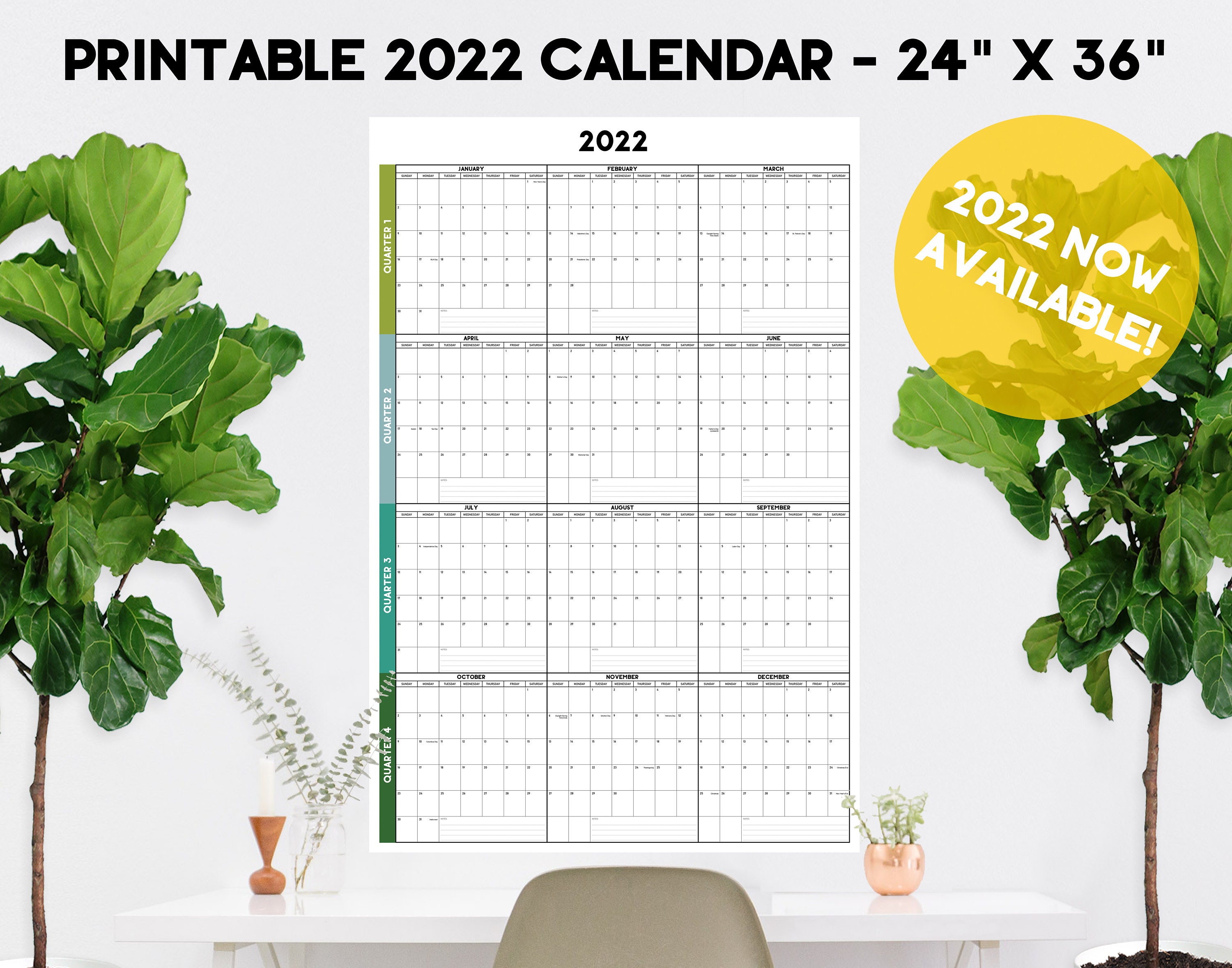 Large Modern 2022 Wall Calendar Printable 24 x Etsy