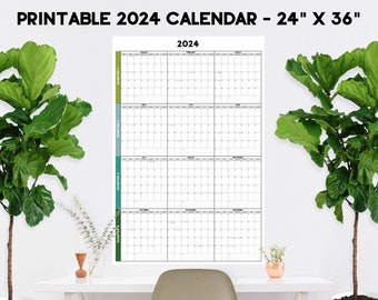 Large Modern 2024 Wall Calendar - Printable 24" x 36" Year at a Glance Poster (Digital File, Instant PDF Download), A1 Yearly Calendar